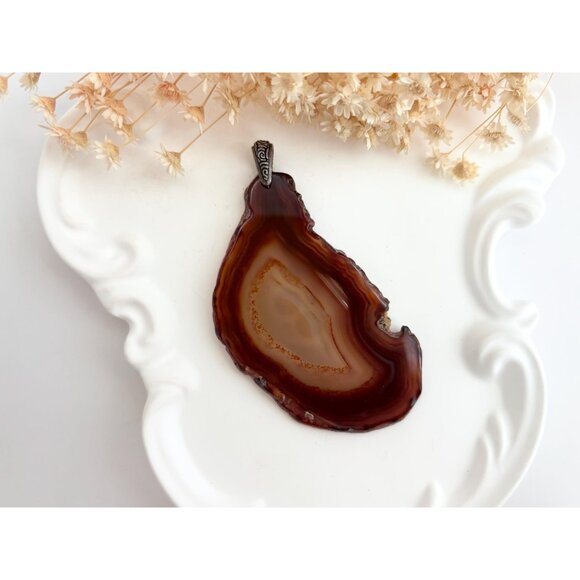 Brown Sliced Banded Agate Geode Crystal Freeform Large Silver T Vintage Pendant - Picture 12 of 12